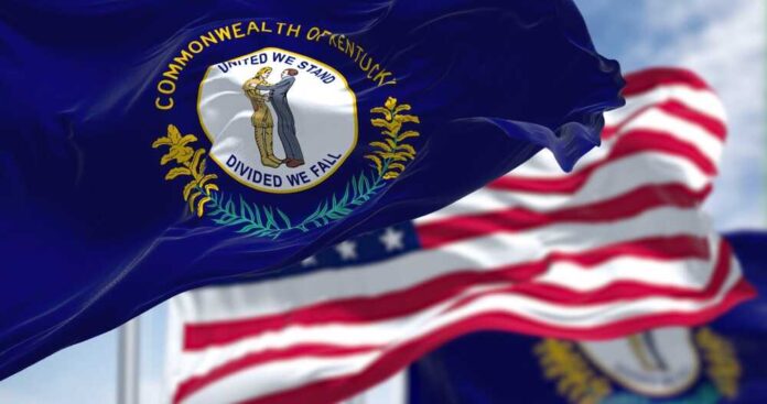 The,Kentucky,State,Flag,Waving,Along,With,The,National,Flag