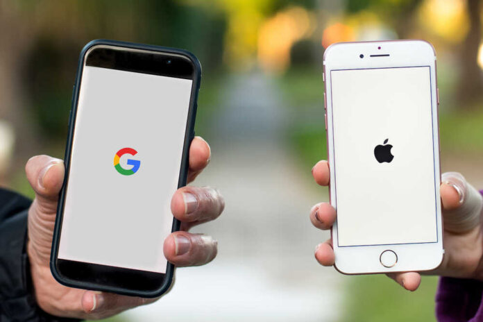 shutterstock_1722465757.jpg featured image Google and Apple logos on smartphones.