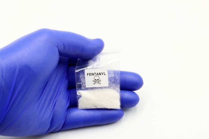 shutterstock_2334439849.jpg featured image Hand in glove holding fentanyl packet with skull warning.