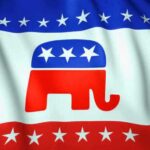 Republicans Take it to the Supreme Court! Republican Party flag with elephant symbol and stars.