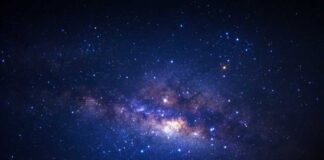 Starry night sky with bright Milky Way galaxy