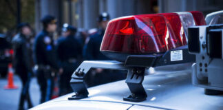 Police car lights with officers blurred in background.