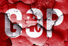 GOP logo with a cracked red background.