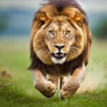 Lion running on grassy field towards camera