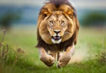 Lion running on grassy field towards camera