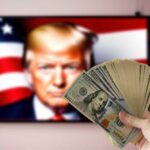 Hand holding cash in front of American flag background with Donald Trump's face