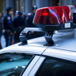 Police car roof with lights, officers in background.