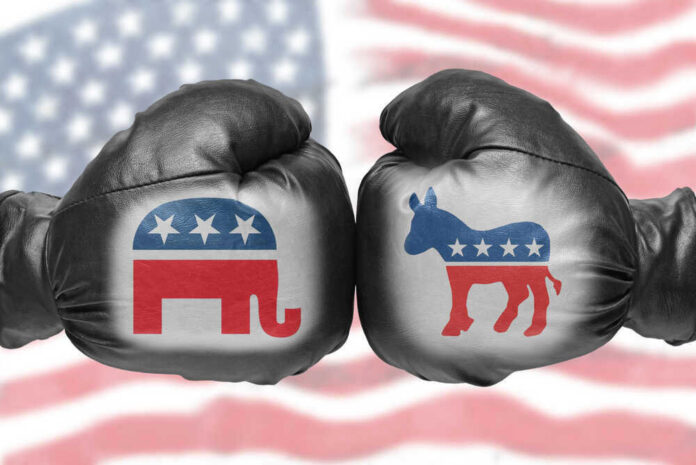 Boxing gloves with Republican and Democrat symbols