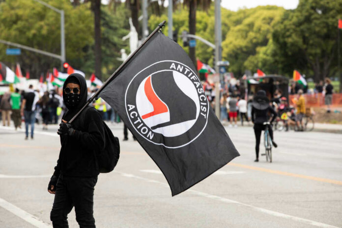 shutterstock_1975350932.jpg Person holding antifascist action flag at a protest