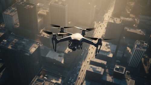 A drone flying over a cityscape during sunset