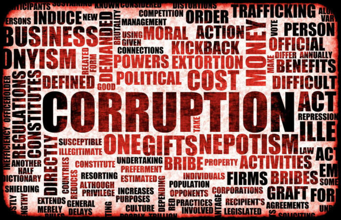 Corruption-related word cloud, highlighting corruption, political, bribery