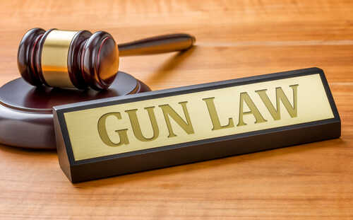 A gavel and a nameplate reading GUN LAW on a wooden surface