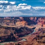 A panoramic view of the Grand Canyon with a river winding through the landscape