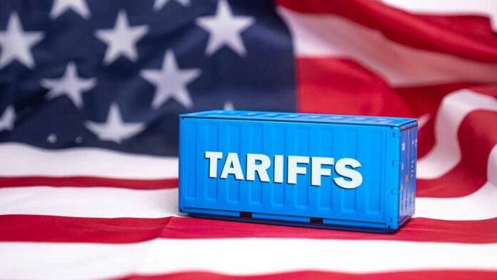 Shipping container reading tariffs on the American flag