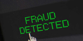 Fraud detected text with a pixelated cursor icon.