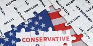 Puzzle pieces with the word CONSERVATIVE on an American flag background