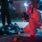 Forensic investigator examines crime scene at night.