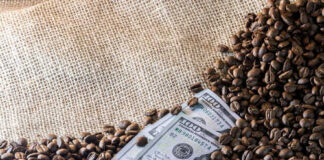 A hundred dollar bill partially buried in coffee beans on a burlap background