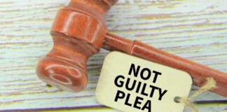 A wooden gavel next to a tag that reads NOT GUILTY PLEA