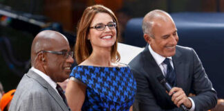 Three television hosts smiling and engaging with the audience during a live broadcast