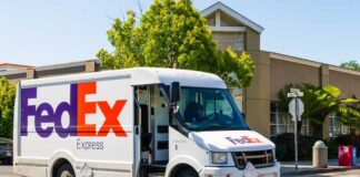 FedEx delivery truck on a city street