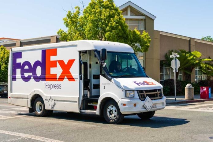 FedEx delivery truck on a city street