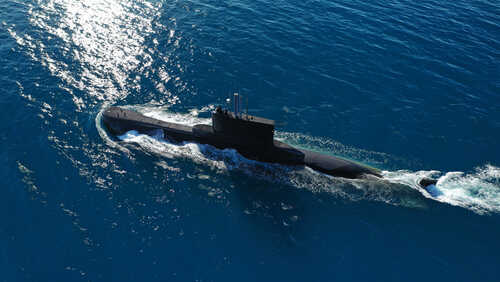 A submarine navigating through the ocean waters