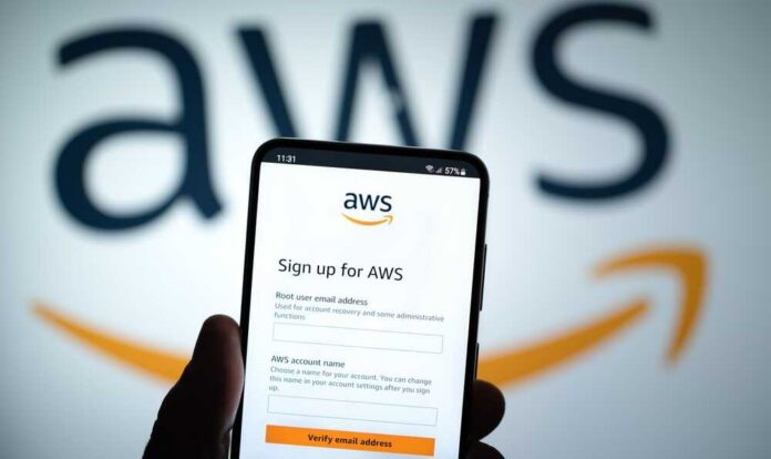 Mobile phone displaying AWS signup page with logo in background