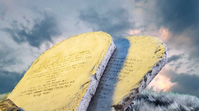 Two stone tablets with inscriptions against a cloudy sky