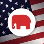 Red elephant icon on a background of the American flag