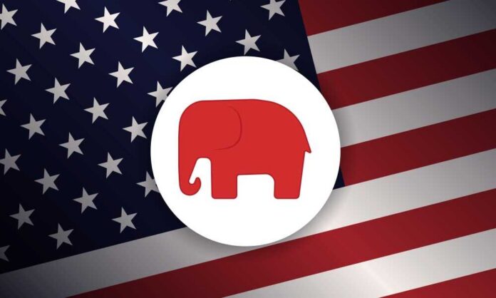 shutterstock_2500579155.jpg Red elephant icon on a background of the American flag