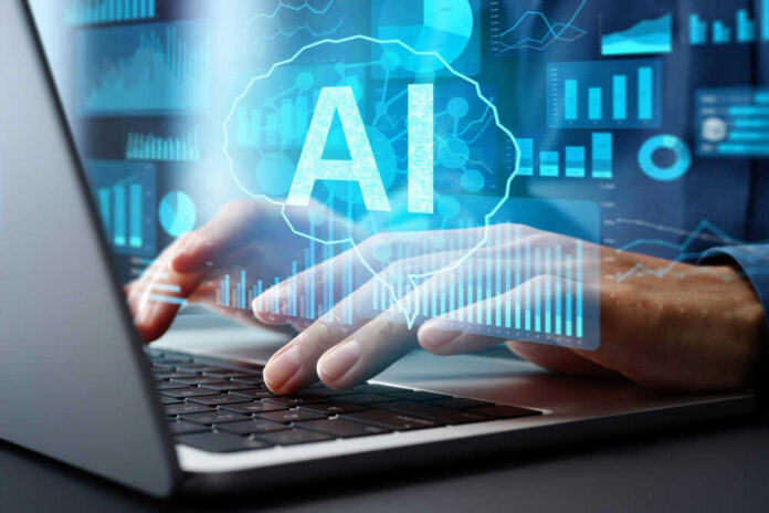 Person typing on laptop with AI hologram