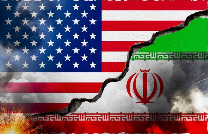 A cracked wall displaying the flags of the USA and Iran, symbolizing conflict