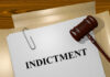 Gavel on a white paper with the word indictment on it.