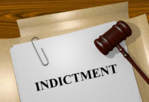 Gavel on a white paper with the word indictment on it.