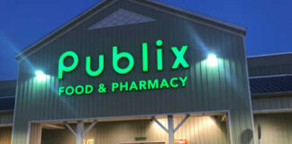 Exterior view of a Publix grocery store at dusk
