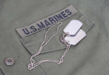 Close-up of a U.S. Marines uniform with dog tags