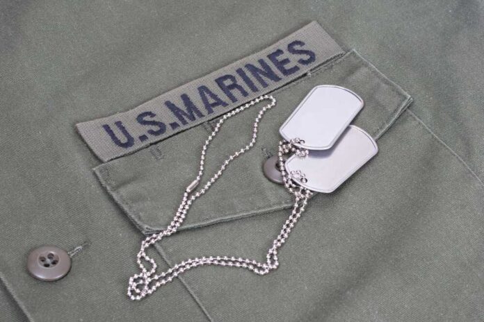 Close-up of a U.S. Marines uniform with dog tags