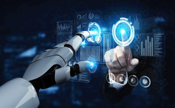 Human and robot interacting with virtual screen.