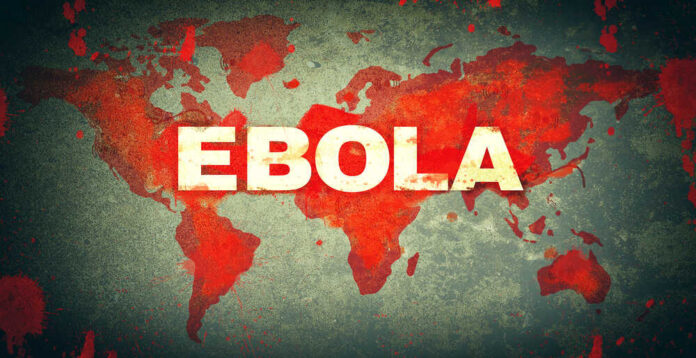 World map with bold Ebola text over red outbreak theme