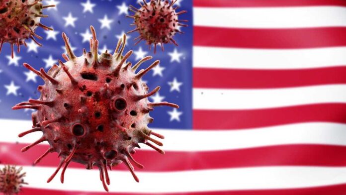 shutterstock_2314013327 Illustration of virus particles in front of the American flag