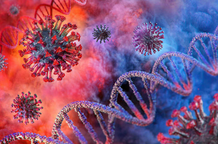 Coronavirus particles and DNA strands in a colorful background.
