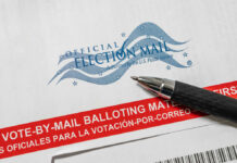 Supreme Court Shocks Election Day Vote-by-mail envelope with pen on top.