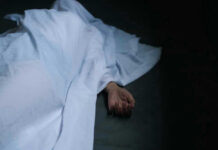 Chilling Kyoto Hike Ends In Death Hand emerging from under white sheet on dark surface.