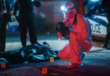 VIDEO: Pizza Crust Traps Serial Killing Monster Forensic investigator examines crime scene at night.