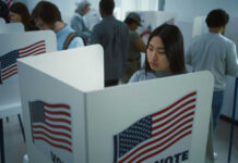 People voting in booths with American flags.