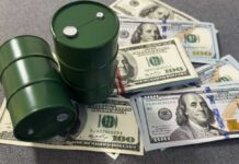 Oil Freefall After Trump Move Two green oil barrels placed on a pile of hundred dollar bills