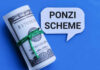 $722M Ponzi? Case Vanishes Rolled hundred dollar bills with a speech bubble saying 'Ponzi Scheme'