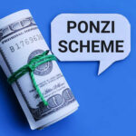 $722M Ponzi? Case Vanishes Rolled hundred dollar bills with a speech bubble saying 'Ponzi Scheme'