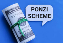 $722M Ponzi? Case Vanishes Rolled hundred dollar bills with a speech bubble saying 'Ponzi Scheme'